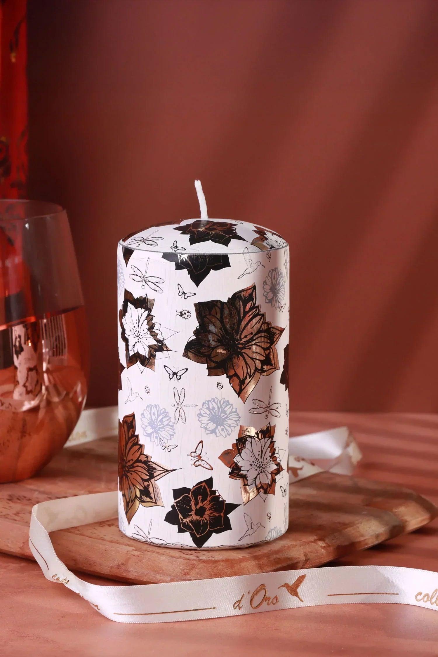 Bouquet Royale Autumn Garden Pillar Candle in Beige with Aged Brass — G Decor