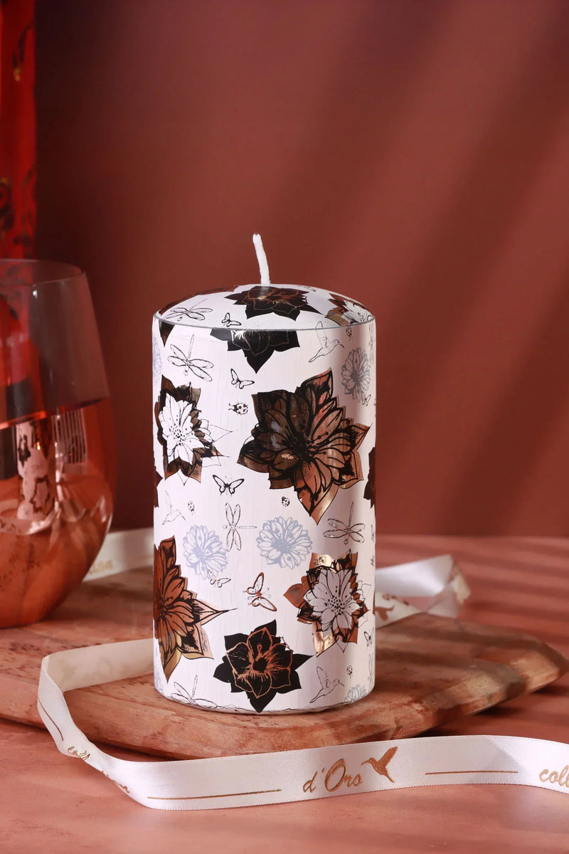 Bouquet Royale Autumn Garden Pillar Candle in Beige with Aged Brass
