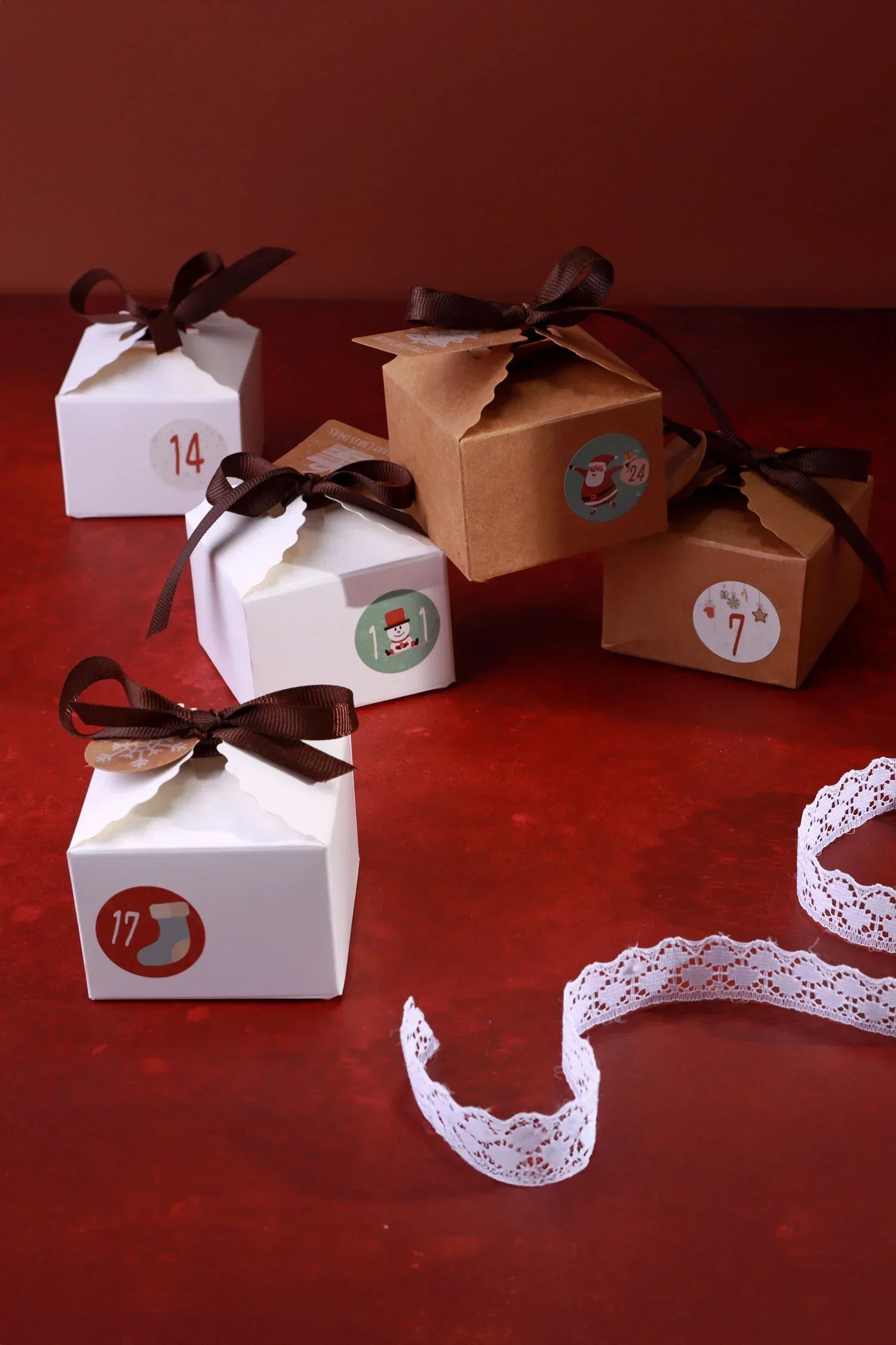 Eco-Friendly 24 Holiday Ribbon Gift Boxes DIY Advent Calendar Set — close-up view, G Decor