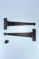9″ 12″ or 18″ Pair of Hand-Forged Coinbase T Hinges in Beeswax Finish — close-up view, G Decor