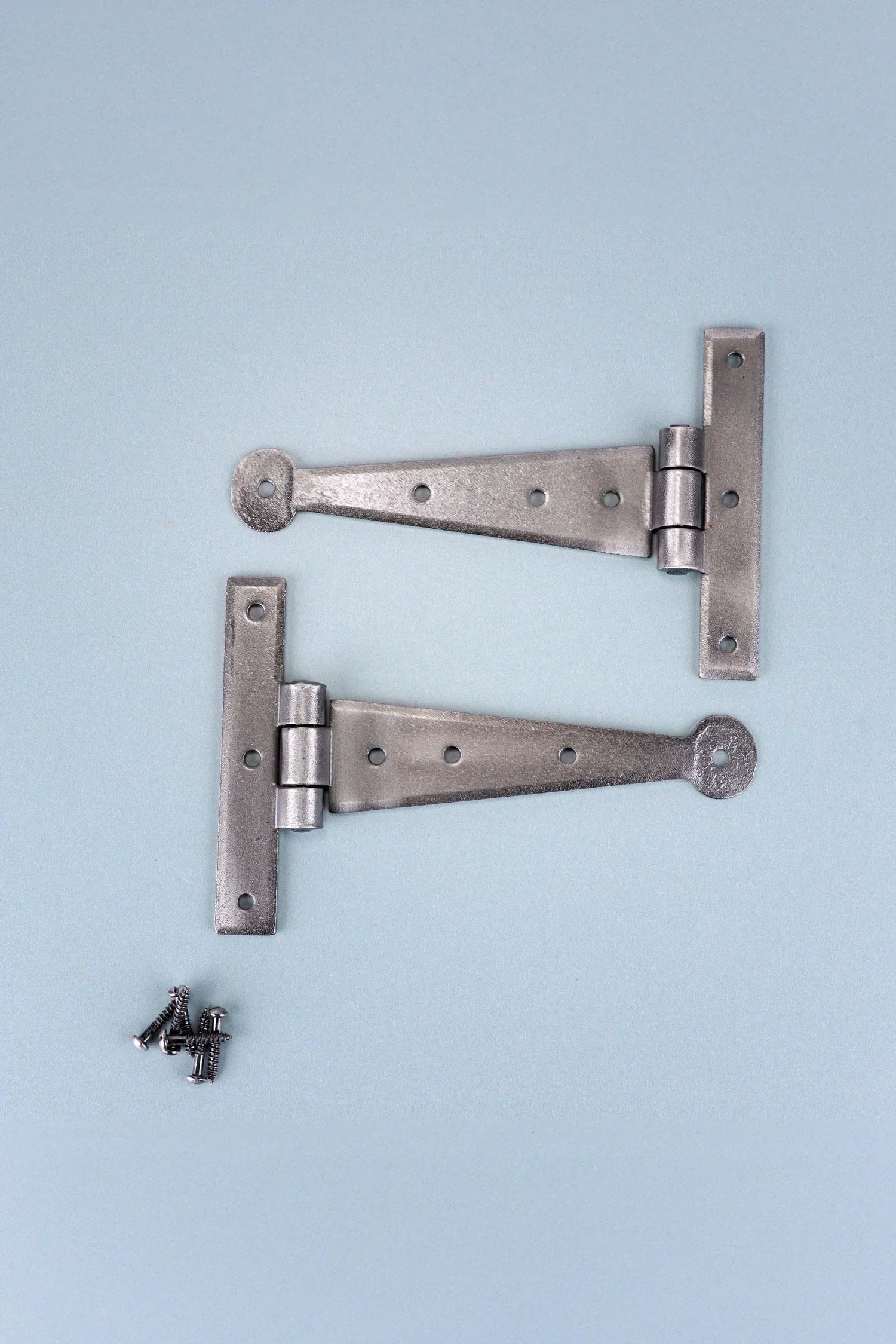 4″ or 6″ Pair of Hand-Forged Coinbase T Hinges in Pewter Finish — close-up view, G Decor