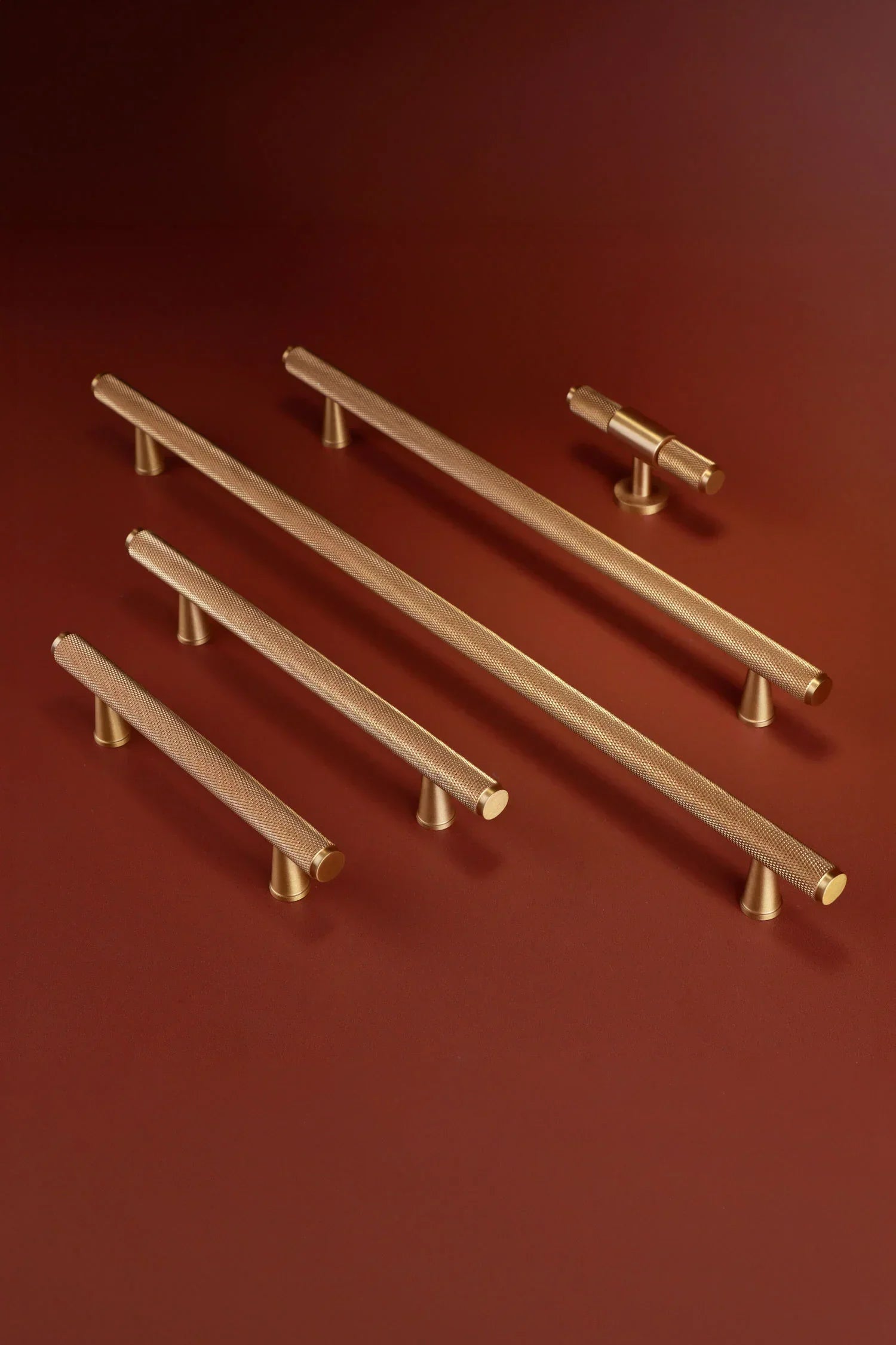 Chelsea Diamond-Knurled Bar Pull, Satin Brass — lifestyle view, G Decor