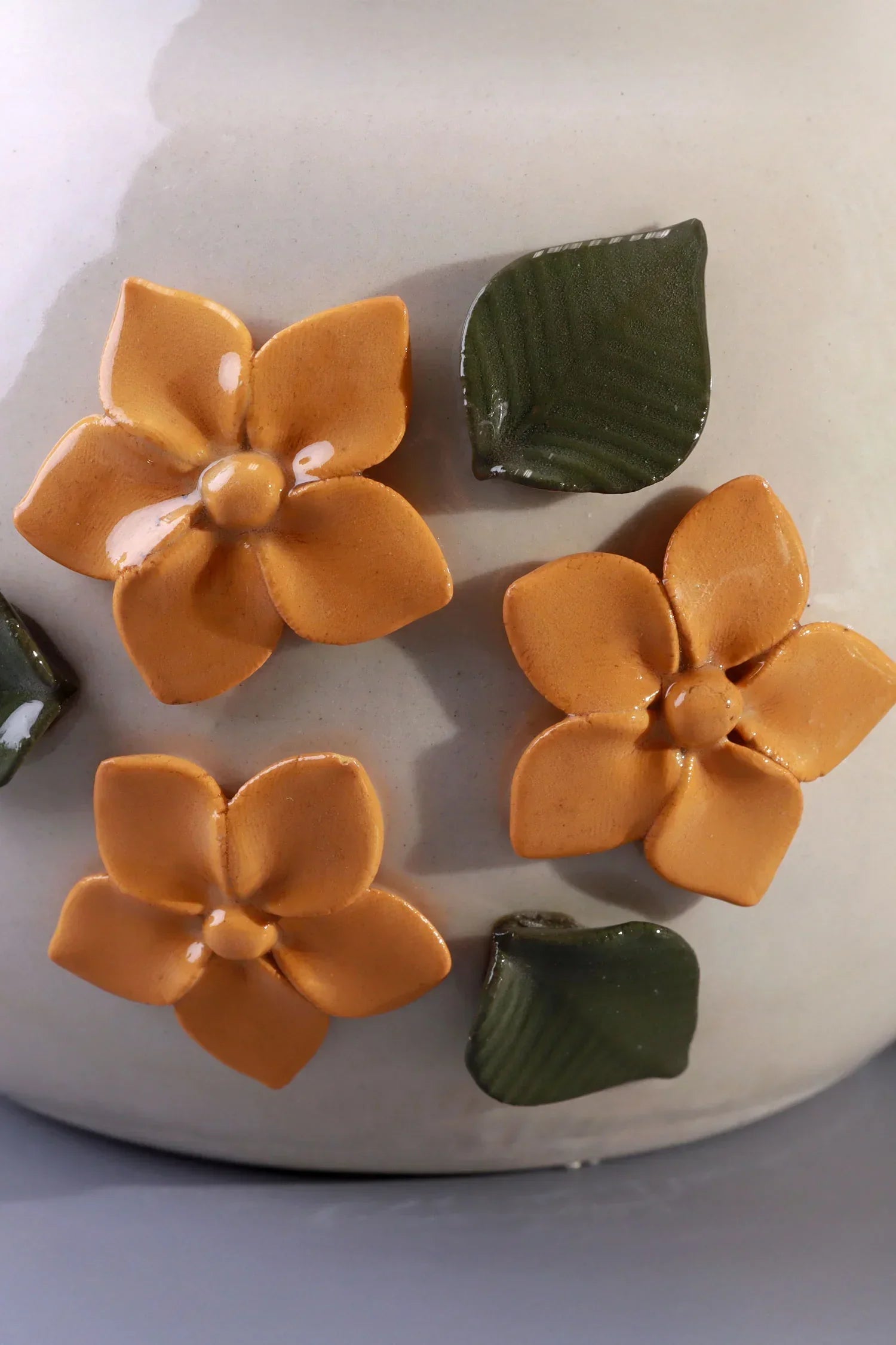 Floral Line Ceramic Planter with 3D Sand Yellow Flowers — close-up view, G Decor