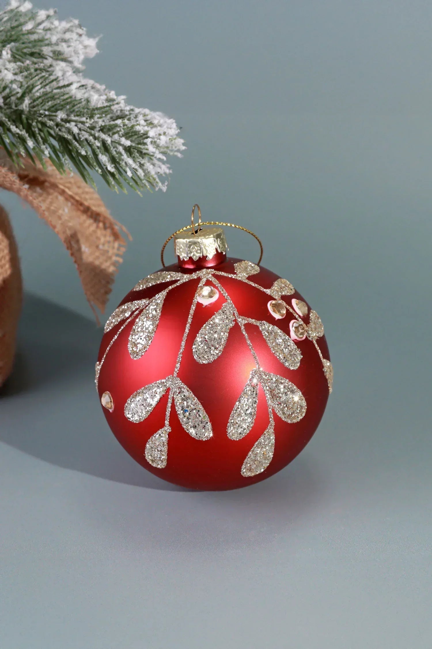 Holiday Red Hand-Painted Glass Christmas Baubles with Glitter Leaf — lifestyle view, G Decor
