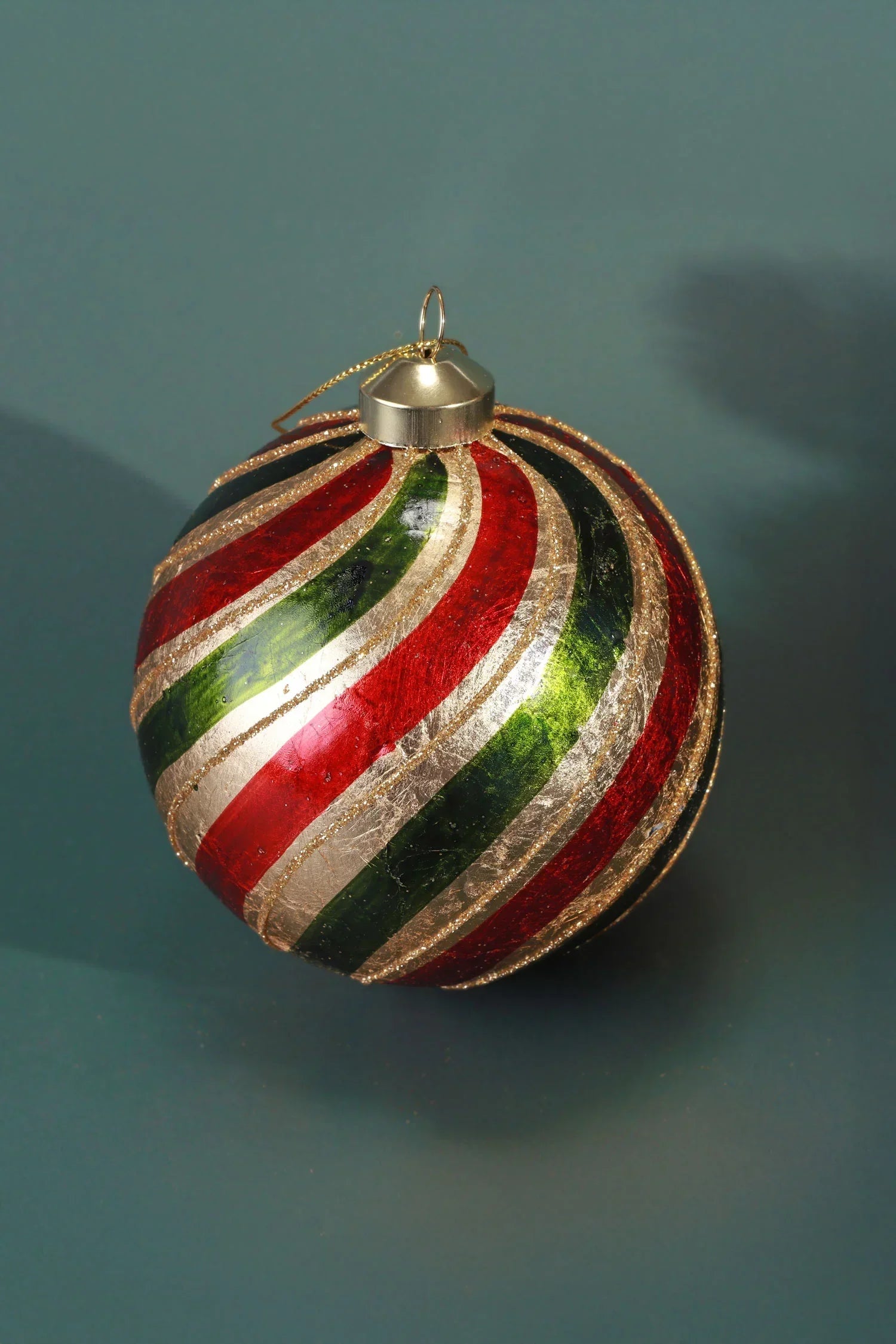 Large Hand-Painted Traditional Twist Glass Christmas Bauble — close-up view, G Decor