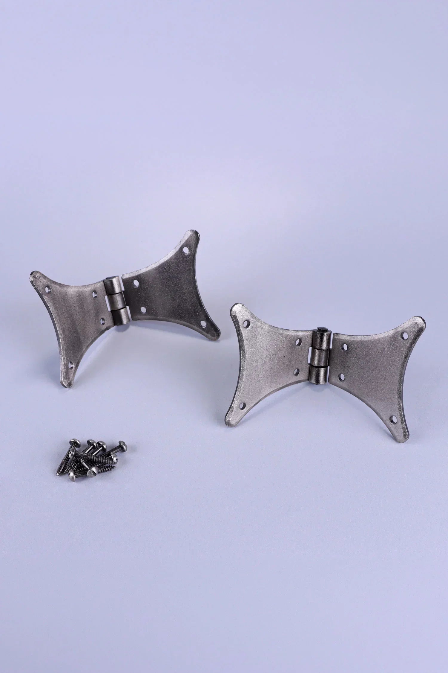 Pair of Hand-Forged Iron Butterfly Hinges, Pewter — close-up view, G Decor