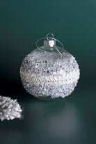 Ice Clear Hand-Embellished Glass Pearl Bauble with White Silver Beads — close-up view, G Decor