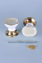 Rhodes Cream Crackle Glaze Ceramic Mortice Door Knobs with Brass Base — close-up view, G Decor