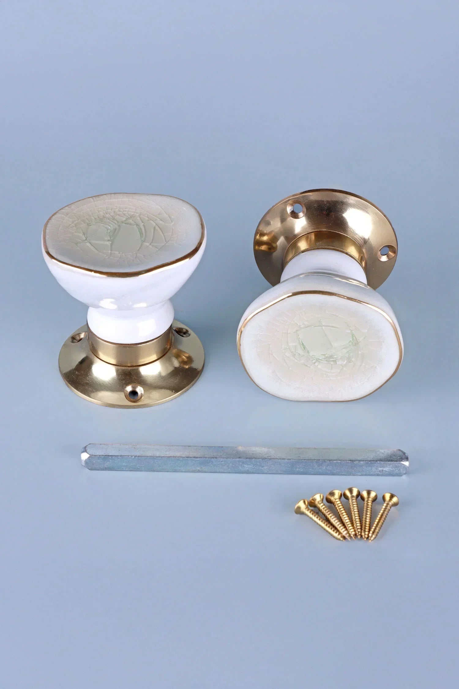 Rhodes Cream Crackle Glaze Ceramic Mortice Door Knobs with Brass Base — close-up view, G Decor