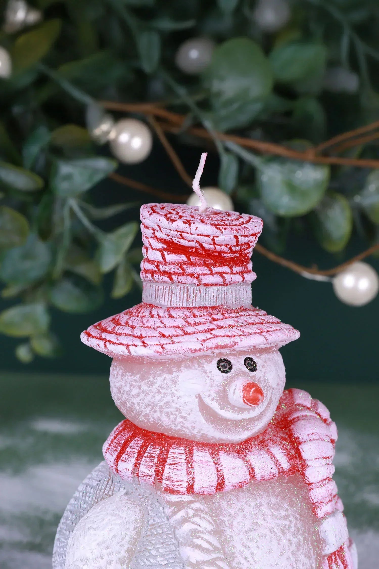 Happy Snowman Christmas Candle with Red Hat and Scarf — lifestyle view, G Decor