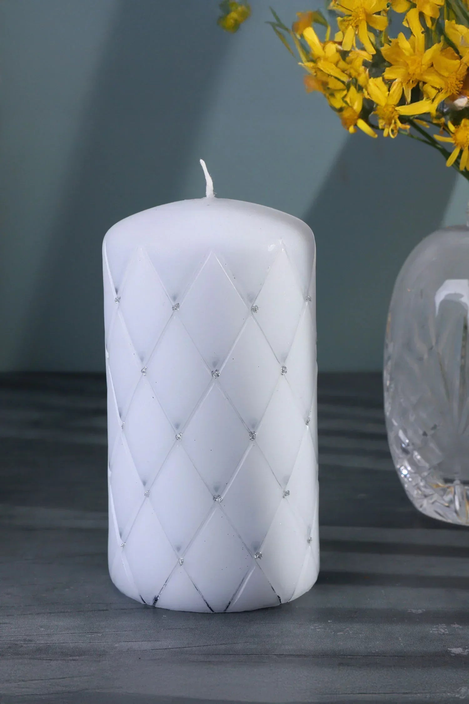 Lorinne du Clair Crystal Pillar Candle — lifestyle view, G Decor
