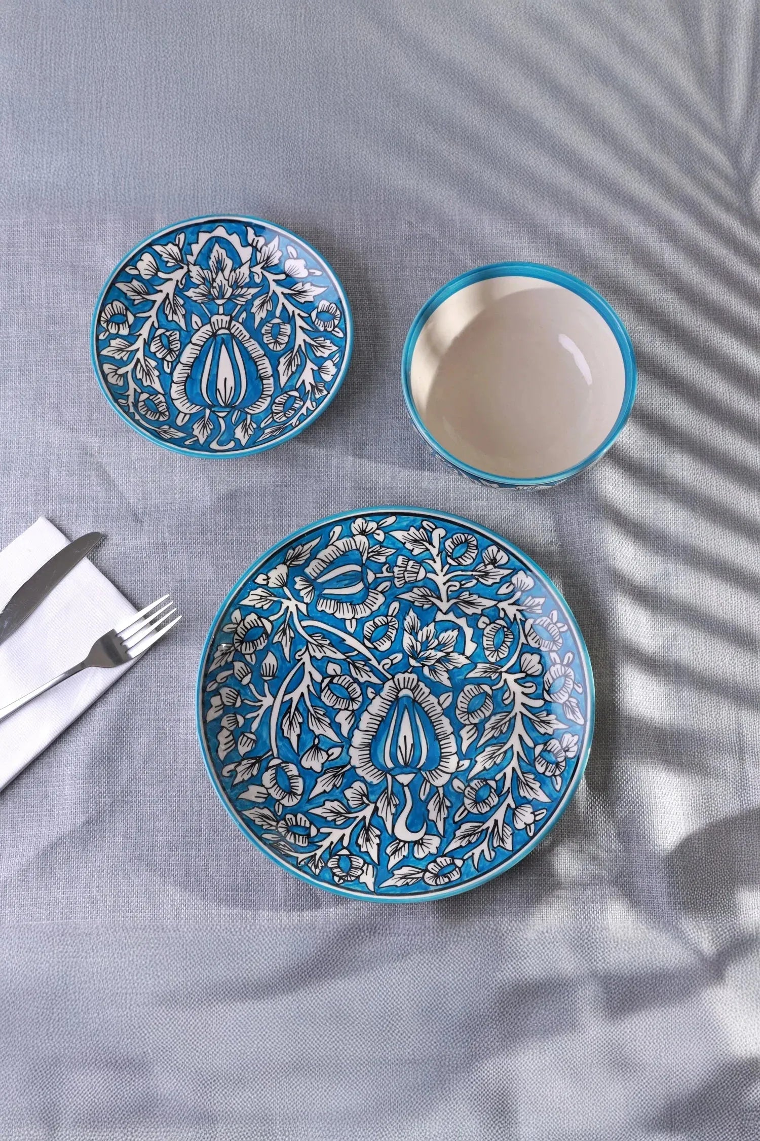 Tulipani Blue Hand-Painted Floral Ceramic Plates and Bowls — close-up view, G Decor