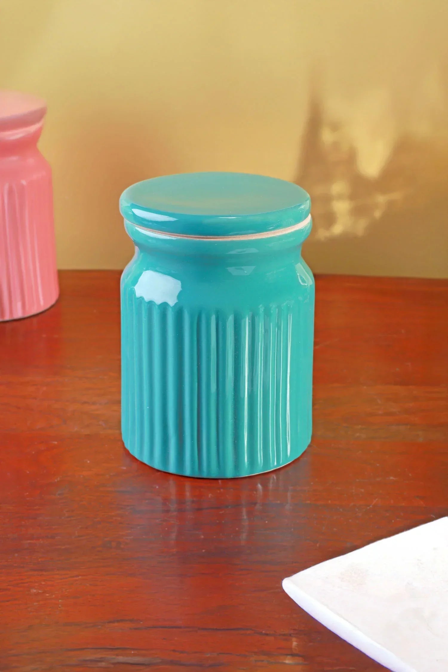 Soft Pastel Handcrafted Ceramic Ribbed Storage Jars — close-up view, G Decor