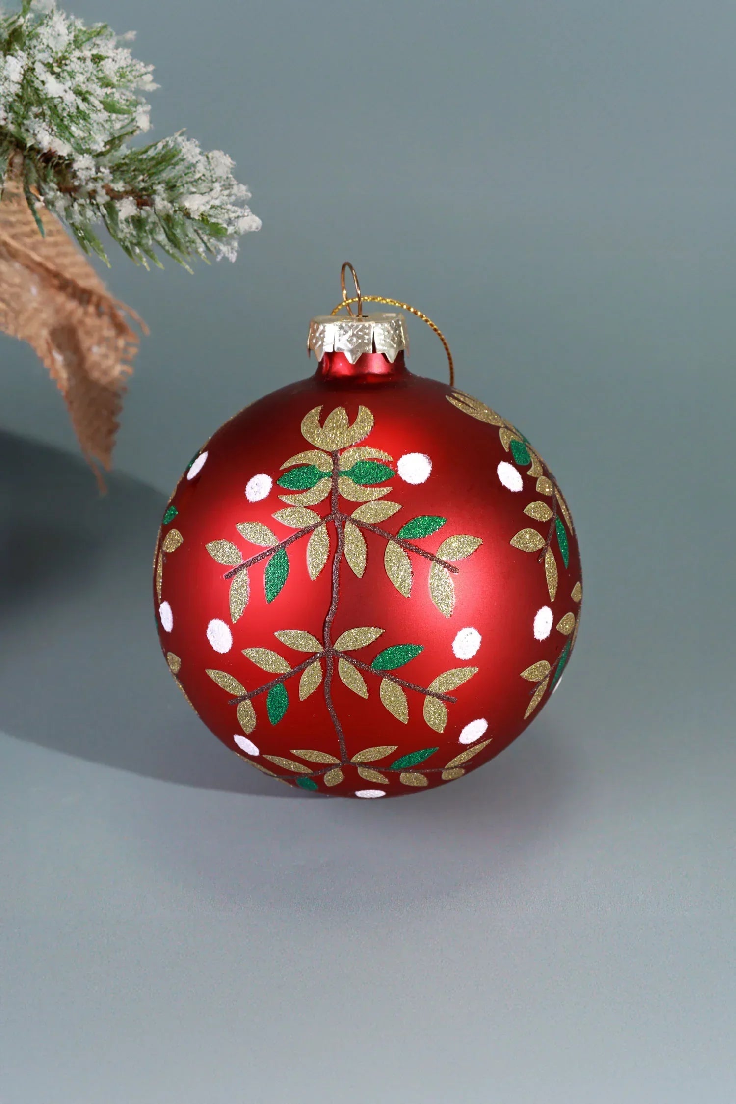 Holiday Red Hand-Painted Glass Christmas Baubles with Glitter Leaf — close-up view, G Decor