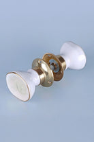 Rhodes Cream Crackle Glaze Ceramic Mortice Door Knobs with Brass Base — lifestyle view, G Decor