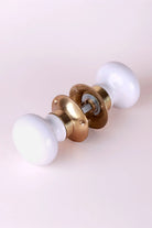 Brassworks Edit Porcelain White Ceramic Mortice Door Knobs with Brass Base — close-up view, G Decor