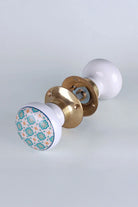 Divine Will Brass Edition Porcelain Mortice Door Knobs with Brass Base — close-up view, G Decor