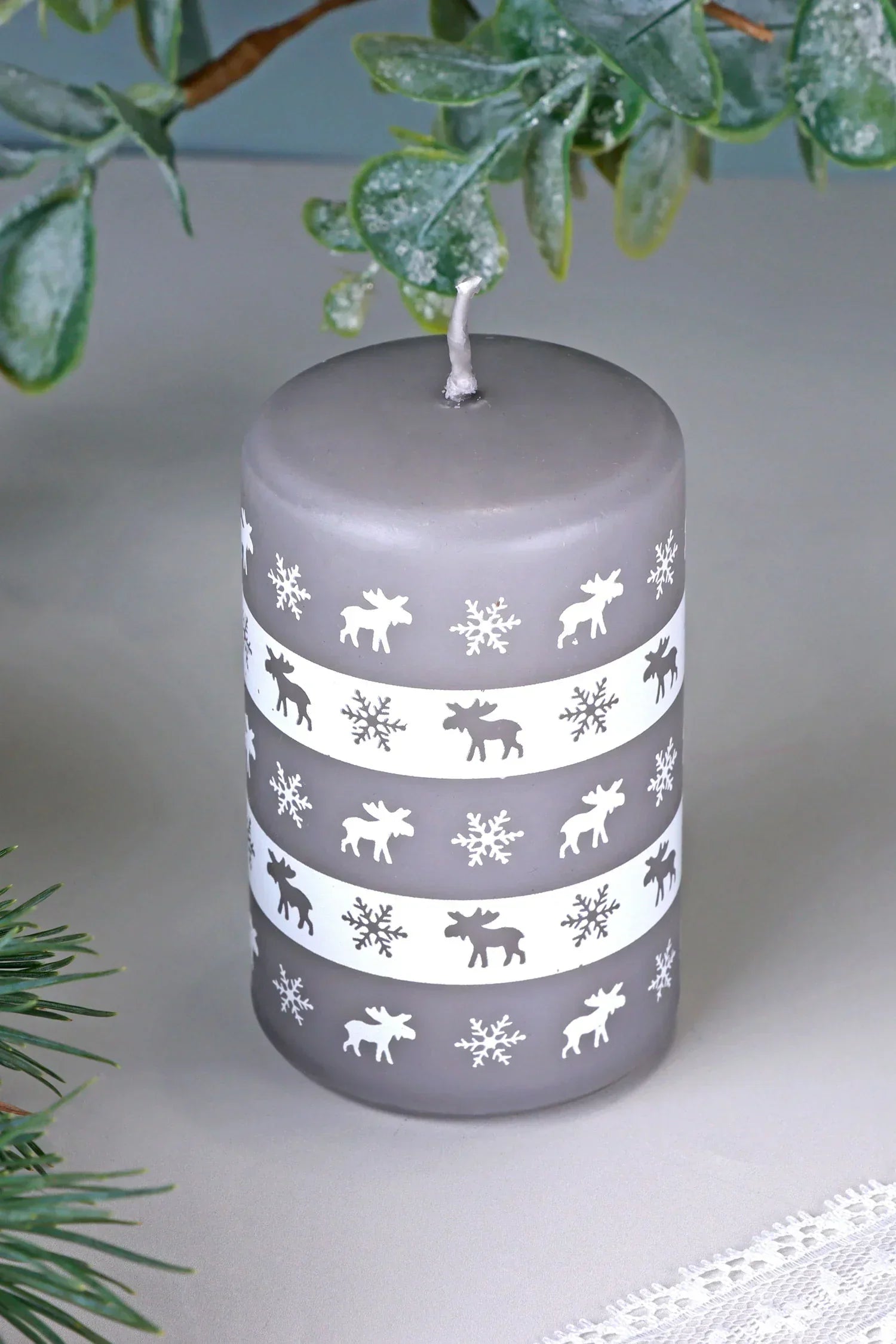 Nordhavn Grey Reindeer Pillar Candle — lifestyle view, G Decor