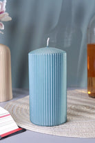 Vellure Ribbed Pillar Candle in Ice Blue — alternate view, G Decor