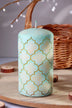 Moroccan Kanz Pressed Brass Lattice Pillar Candle in Blush Pink or Mint Green — close-up view, G Decor