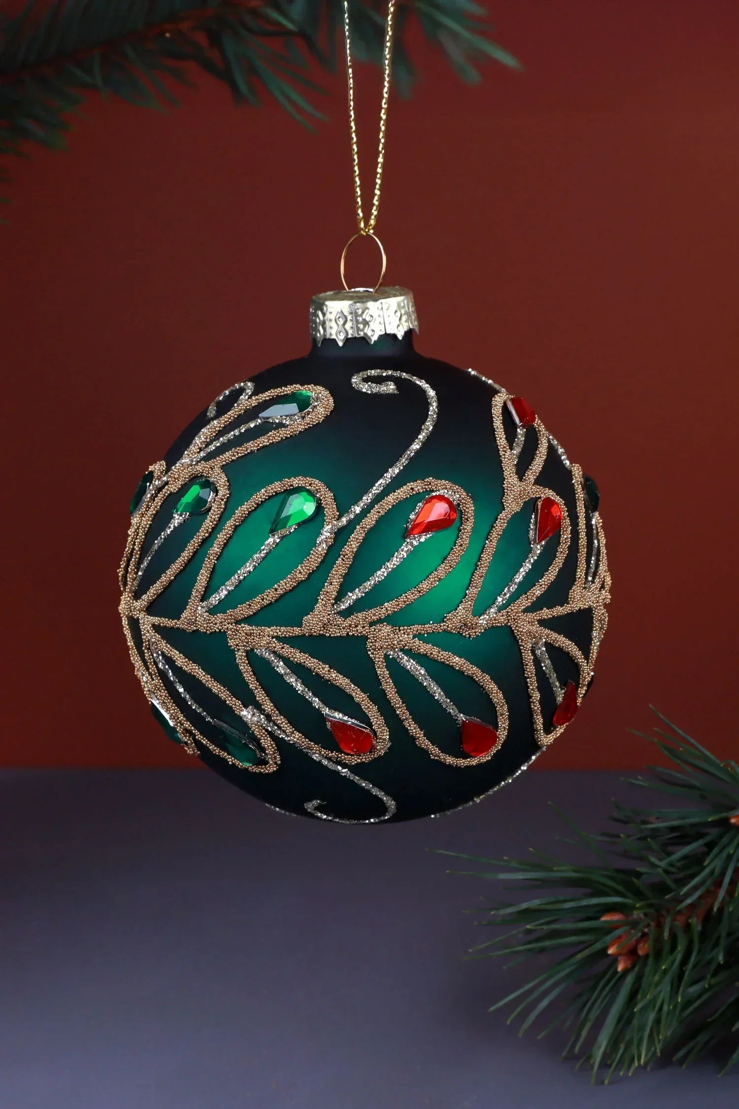 Hand-Painted Jewel Scrollwork Glass Christmas Bauble in Green or Deep Blue — lifestyle view, G Decor