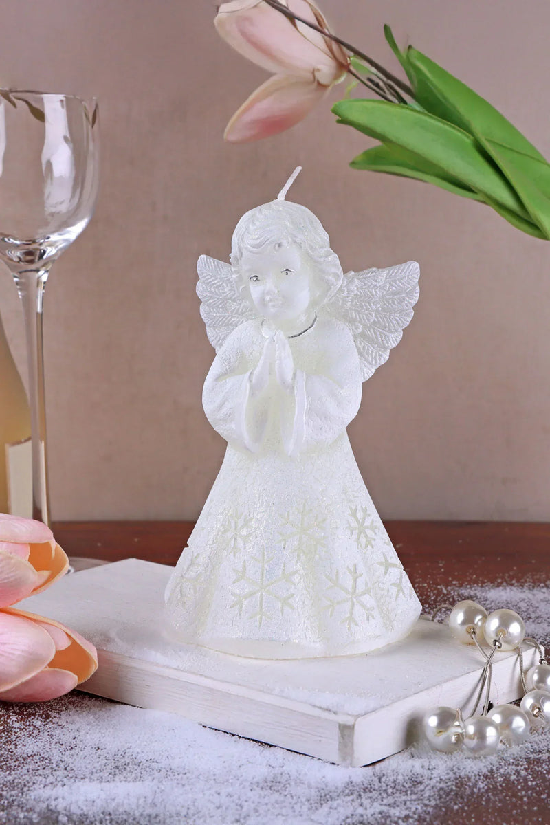 White Angel Hand-Finished Wax Candle with Snowflake Dress