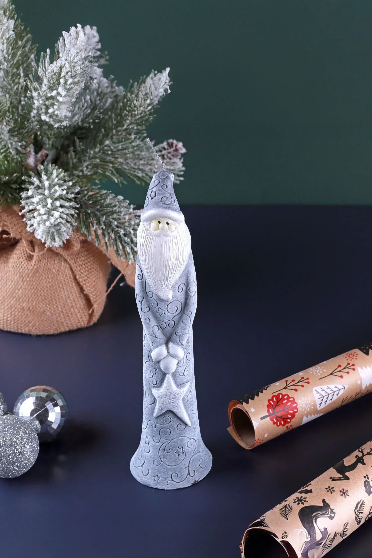 Fit Santa Christmas Candle in Grey — lifestyle view, G Decor