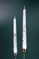 Starlit Pair of White Taper Candles with Gold Glitter Stars — close-up view, G Decor