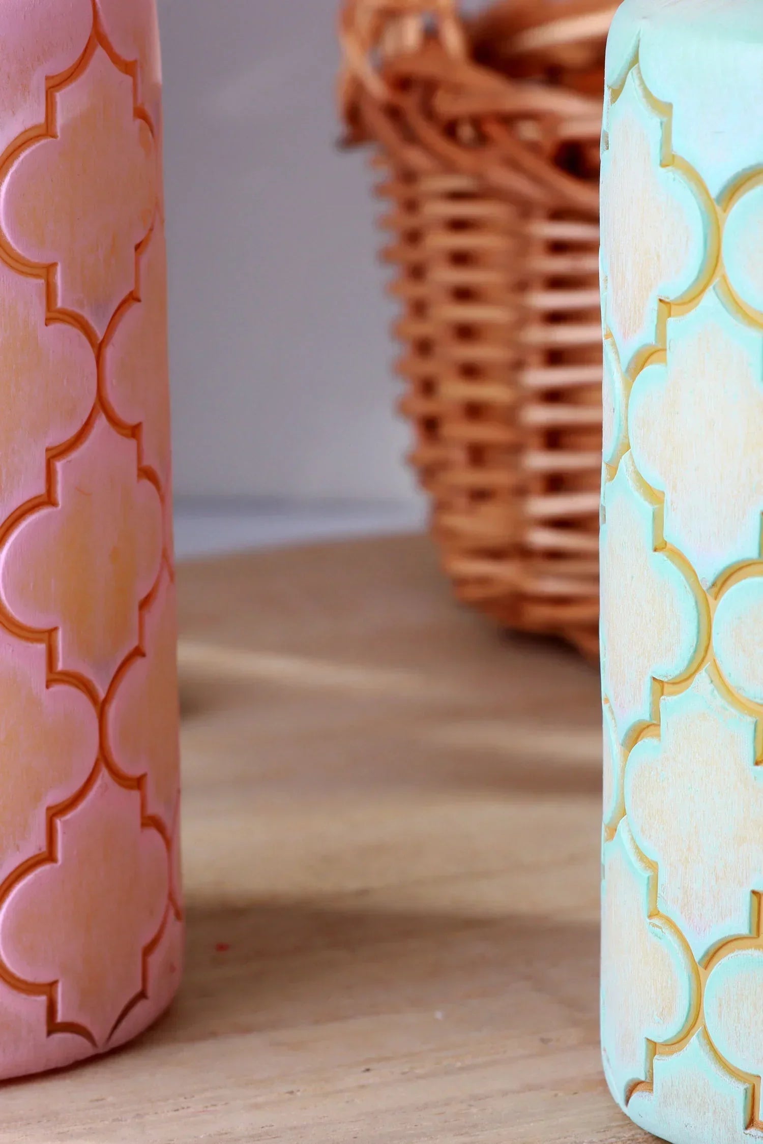 Moroccan Kanz Pressed Brass Lattice Pillar Candle in Blush Pink or Mint Green — view 5, G Decor