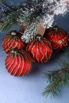 Set of 4 Hand-Painted Satin Red Glass Christmas Baubles with Gold Detail — lifestyle view, G Decor
