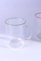 Clear glass mugs with green and red striped rims, luxury tableware by G Decor