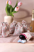 Set of 2 or 5 Blossom Reusable Linen Gift Bag Favour Pouches — close-up view, G Decor