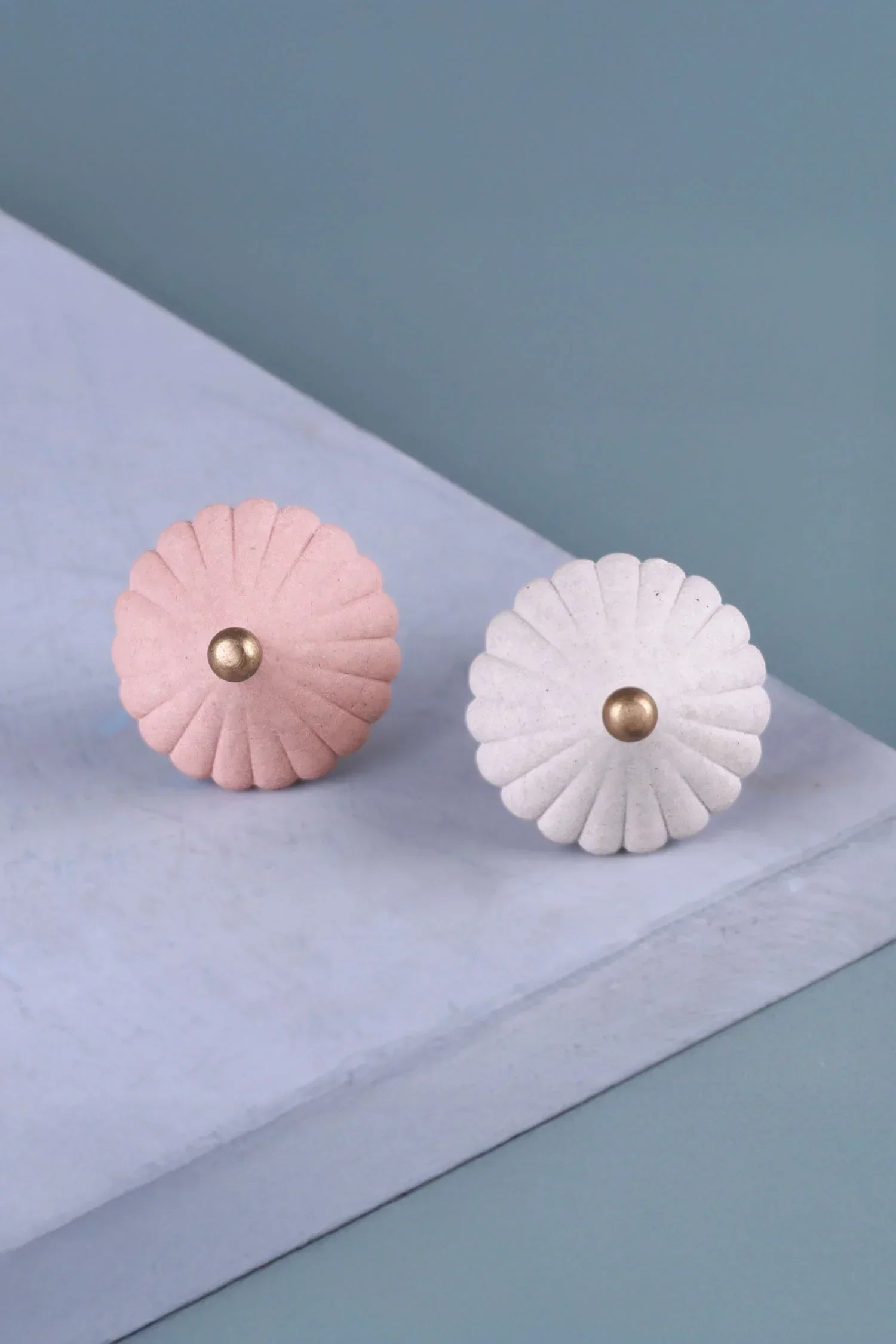 Belle Ombrelle Scalloped Flower Ceramic Cabinet Knob in Cream and Pink — close-up view, G Decor