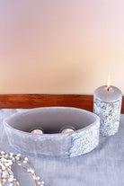 Cavella Carved Leaf Hand-Finished Grey Pillar Candle Centrepiece — view 8, G Decor