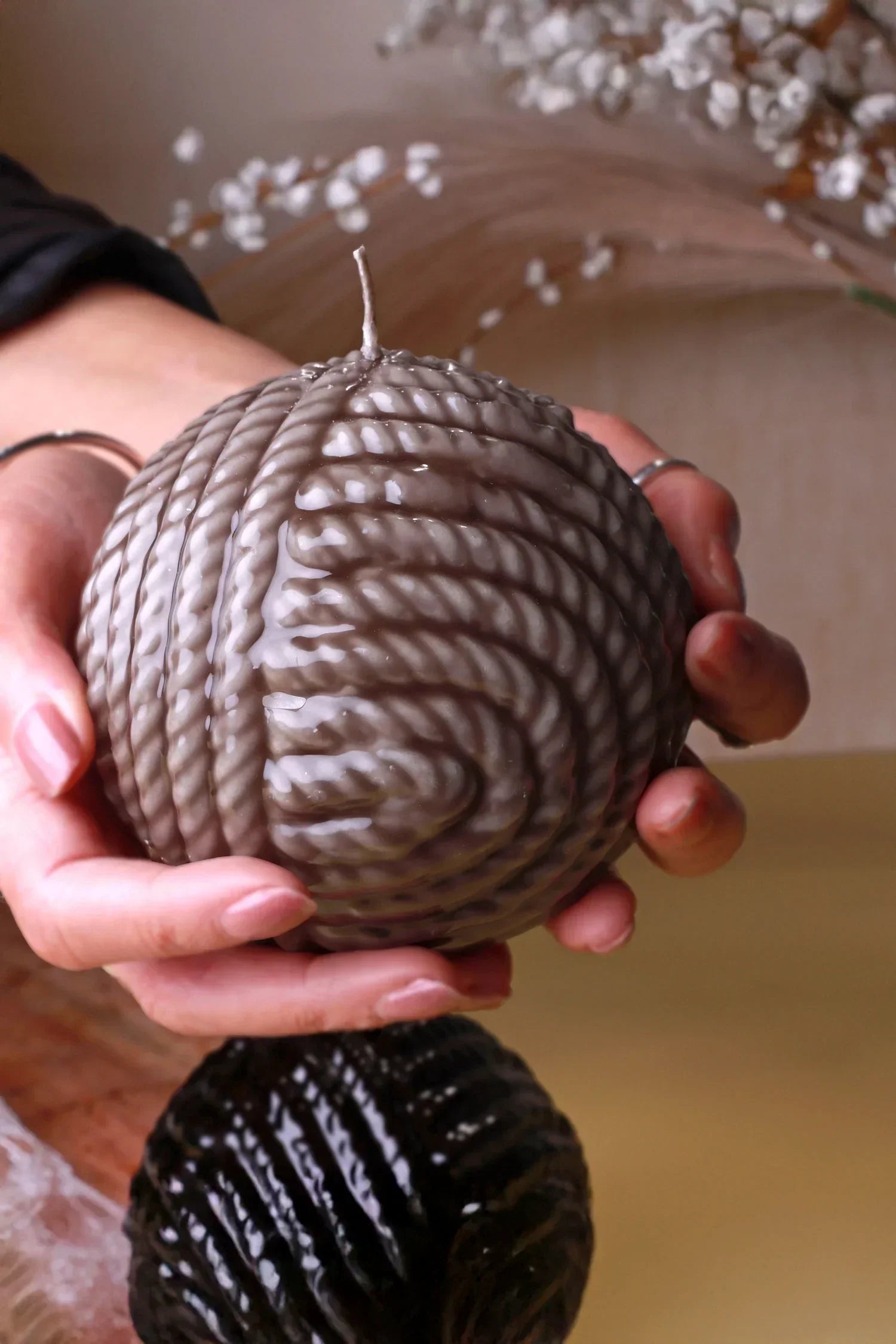 Grande Ripple Sphere Wool Candle Textured Wax Sculpture — alternate view, G Decor