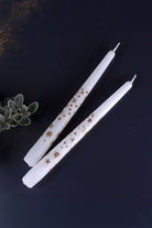Starlit Pair of White Taper Candles with Gold Glitter Stars — view 5, G Decor