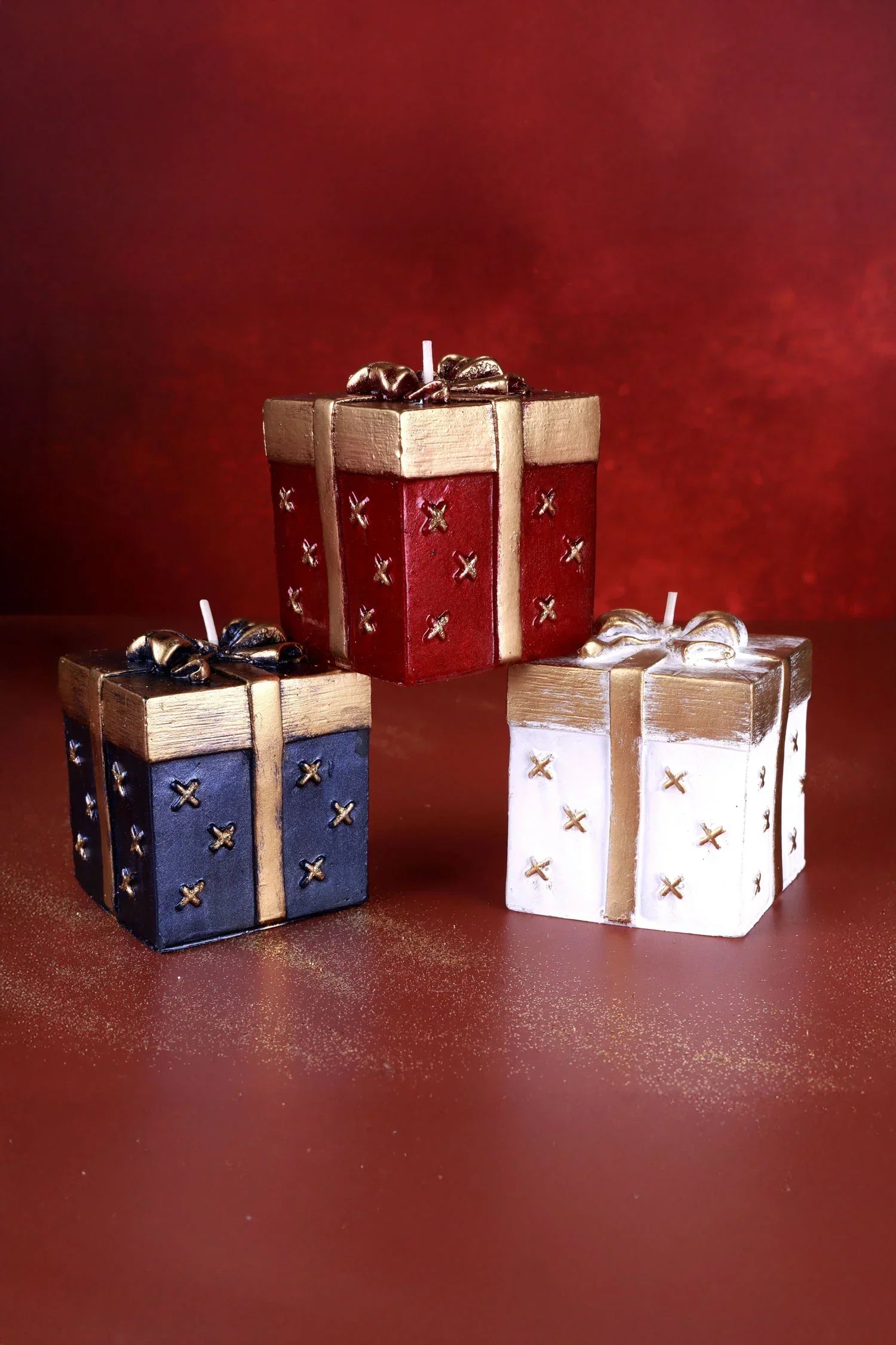 Gift Box Celebration Candle in Holiday Red Midnight Blue or Soft White — close-up view, G Decor