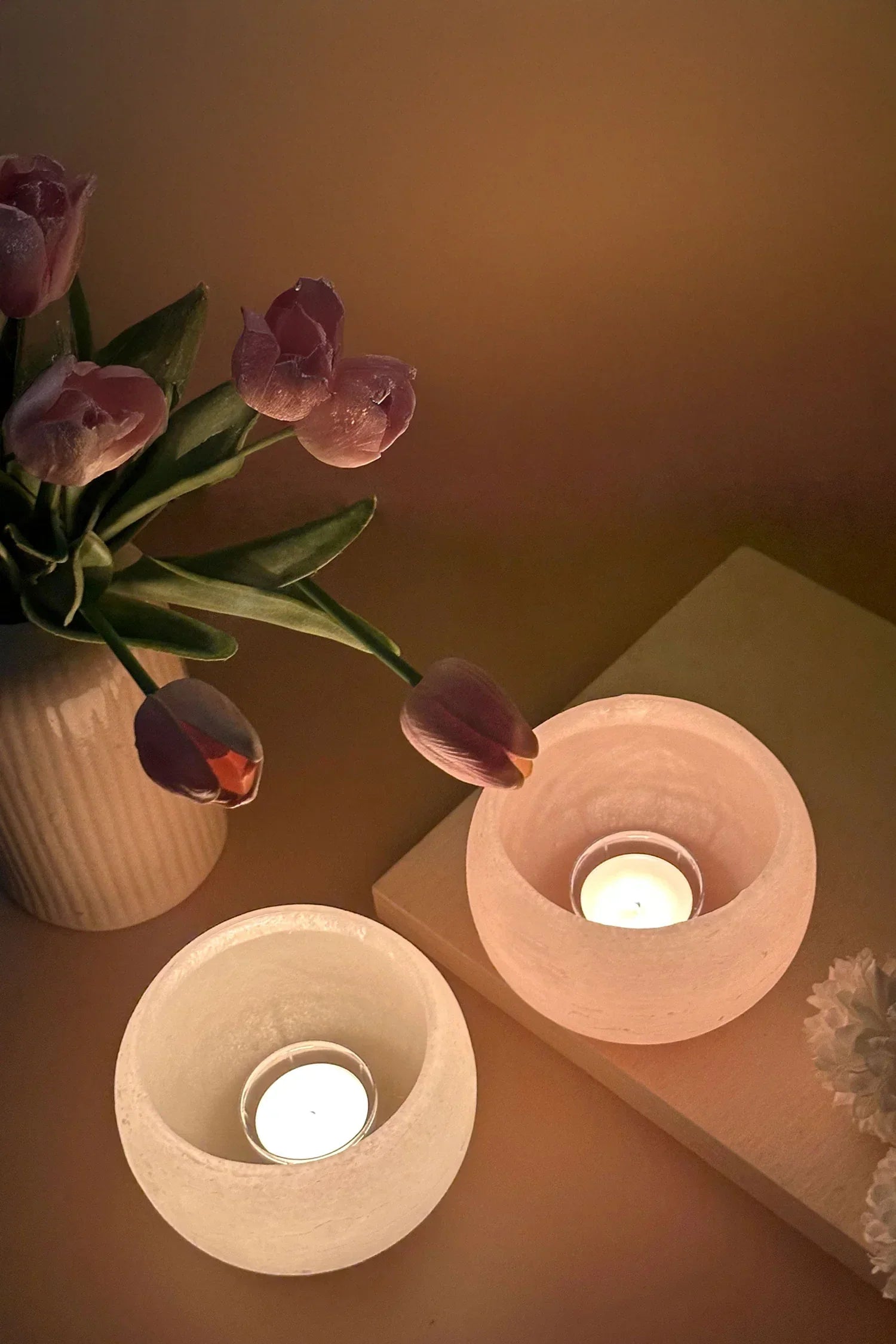 Pastelle Wax Tealight Lantern Holder in Soft Blush — lifestyle view, G Decor