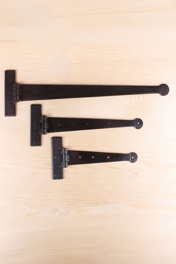 9in 12in or 18in Pair of Hand-Forged Penny End T Hinges in Beeswax — Multipack