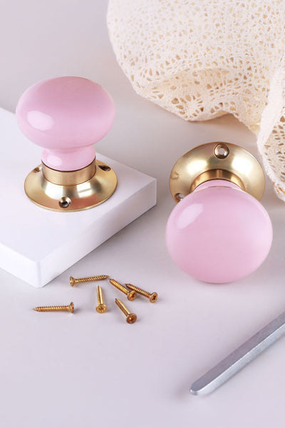 Brassworks Edit Pink Ceramic Mortice Door Knobs with Brass Base
