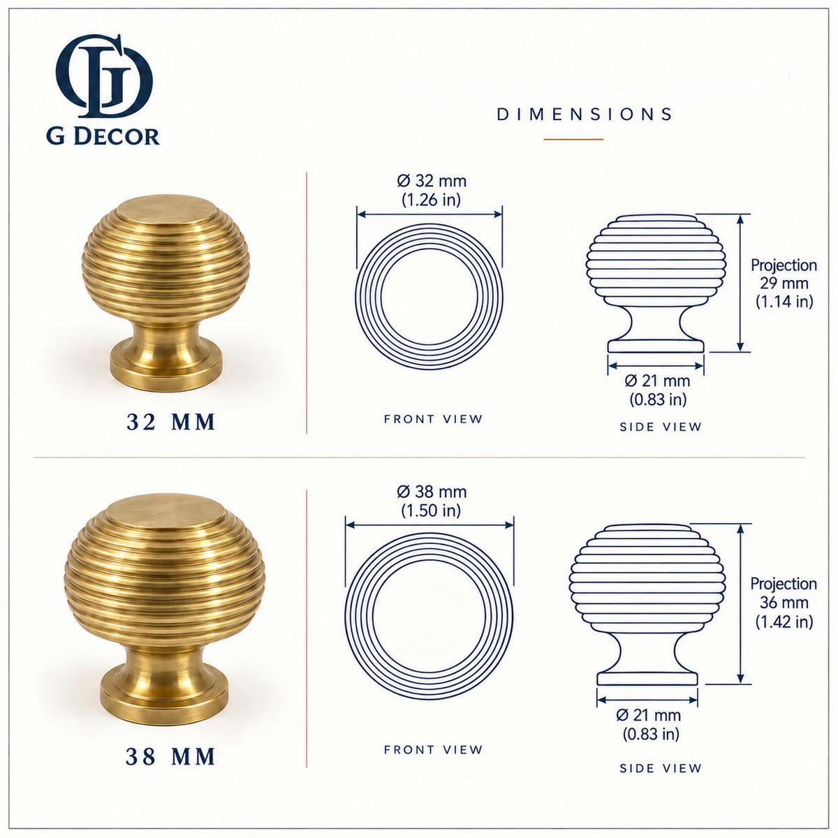 Size drawing of the aged brass beehive cabinet knob in 32mm and 38mm