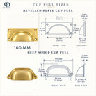 Size drawings of the aged brass bevelled plate and deep scoop cup pulls