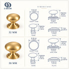 Size drawing of the aged brass bun cabinet knob in 32mm and 38mm