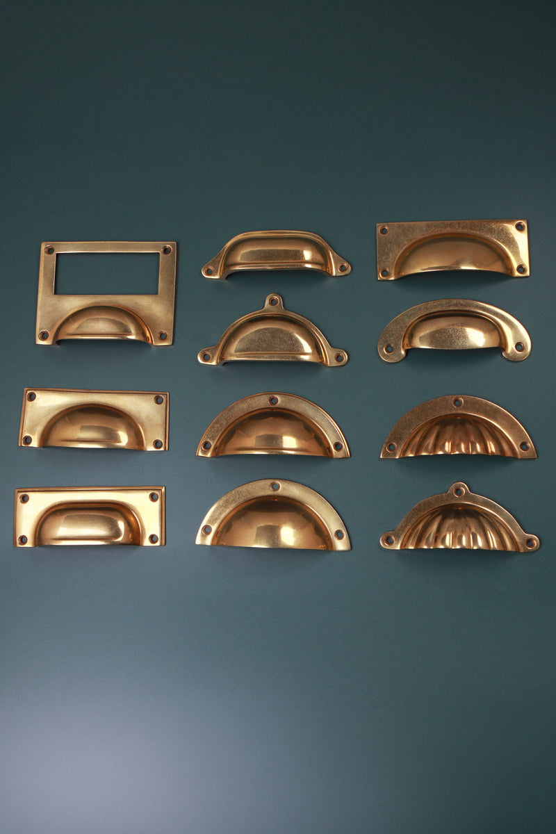 Aged Brass Cup Pulls in 11 Styles — Solid Brass Cup Handles & Bin Pulls