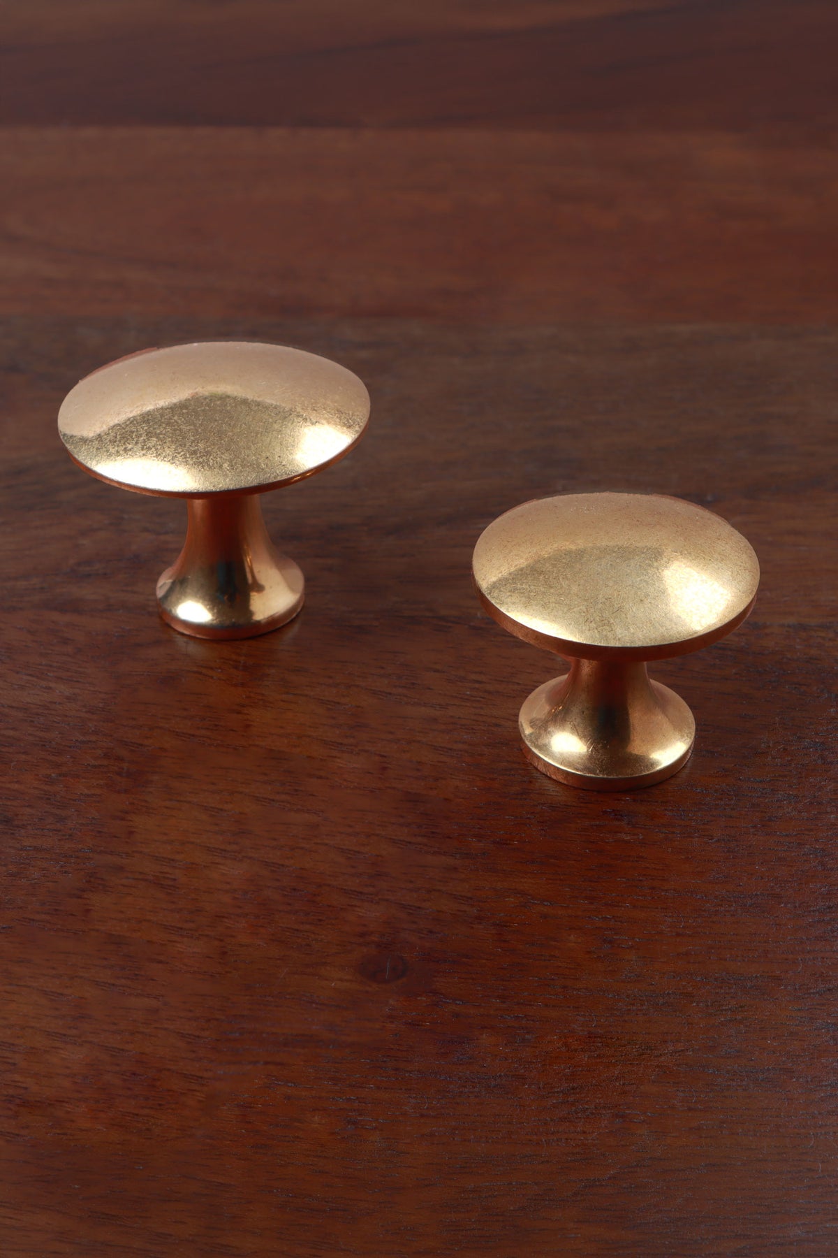 Flat-topped aged brass cabinet knobs, 38mm and 32mm