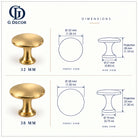 Size drawing of the aged brass flat cabinet knob in 32mm and 38mm