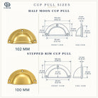 Size drawings of the aged brass half moon and stepped rim cup pulls