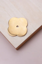Aged brass quatrefoil backplate, 42 x 42mm: solid brass with a 4mm centre hole for the knob bolt