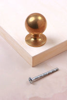 Aged brass round cabinet knob, 32mm, with its fixing bolt