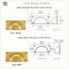 Size drawings of the aged brass rounded plate and square plate cup pulls